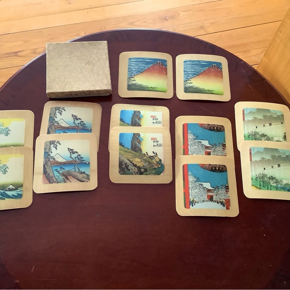 Vintage Bamboo Japanese Art Coasters Set in original box.